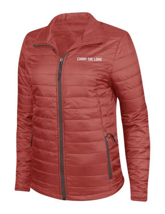Dark Red Womens Puffy Packable Jacket w/Carry The Load Logo