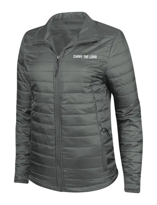 Dark Grey Womens Puffy Packable Jacket w/Carry The Load Logo