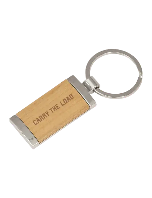 Wood & Silver Rectangle Keychain w/Carry The Load Logo