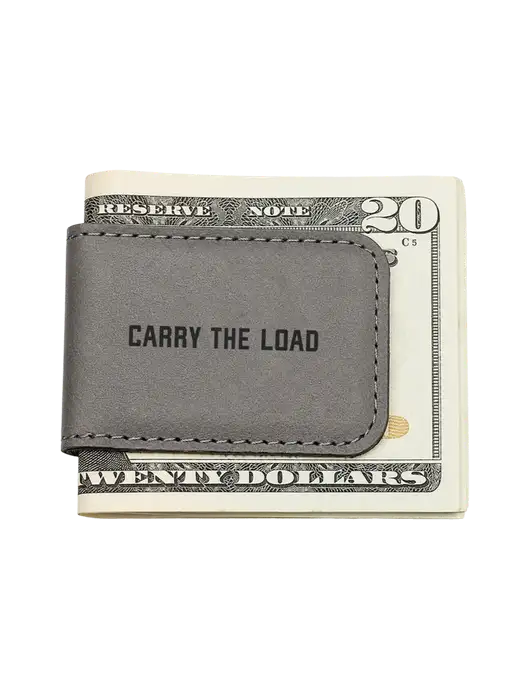 Gray Leatherette Money Clip w/Carry The Load Logo