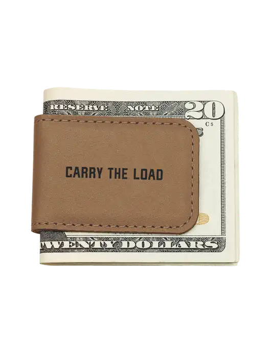 Tan Leatherette Money Clip w/Carry The Load Logo