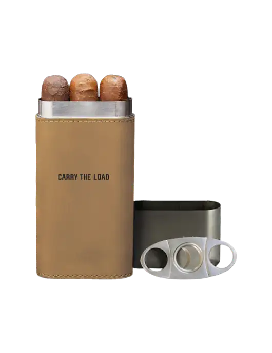 Tan Leatherette Cigar Case with Cutter w/Carry The Load Logo