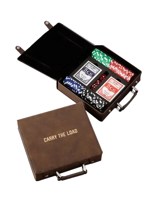 Rustic Leatherette 100 Chip Poker Set w/Carry The Load Logo