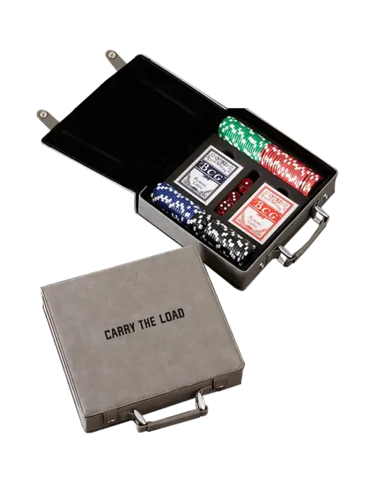 Grey Leatherette 100 Chip Poker Set w/Carry The Load Logo