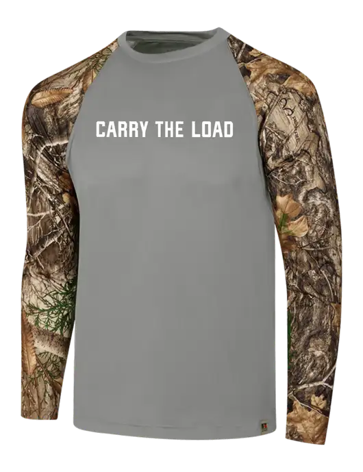 Russell Outdoors Medium Grey/Realtree Edge Camo Colorblock Performance Long Sleeve T-Shirt w/Carry The Load Logo