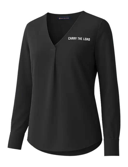 Brooks Brothers Womens Black Open-Neck Satin Blouse  w/Carry The Load Logo