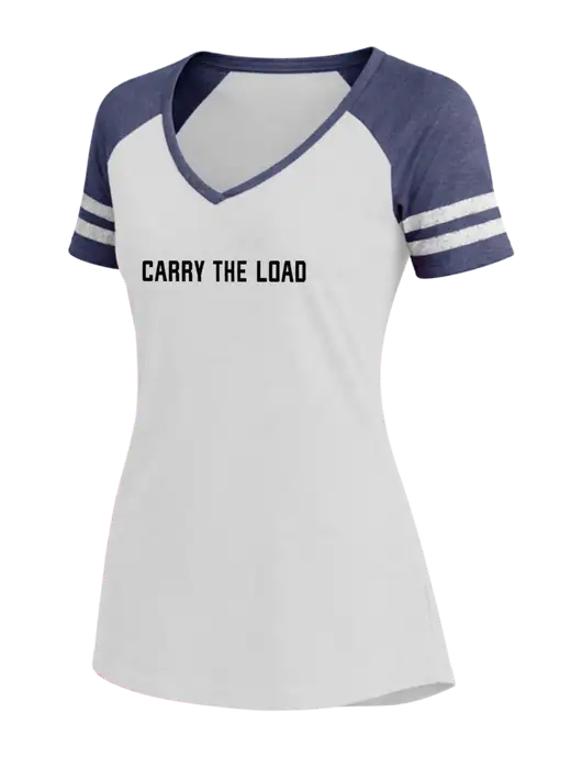 Womens White/Navy Heather V-Neck Game Tee w/Carry The Load Logo