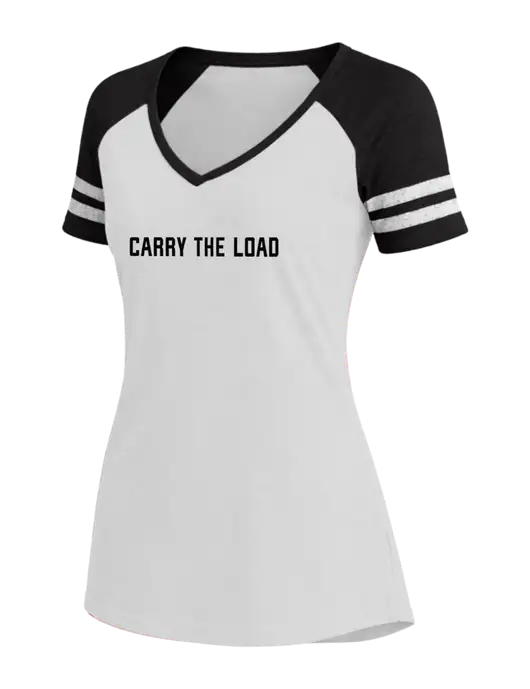 Womens White/Black V-Neck Game Tee w/Carry The Load Logo