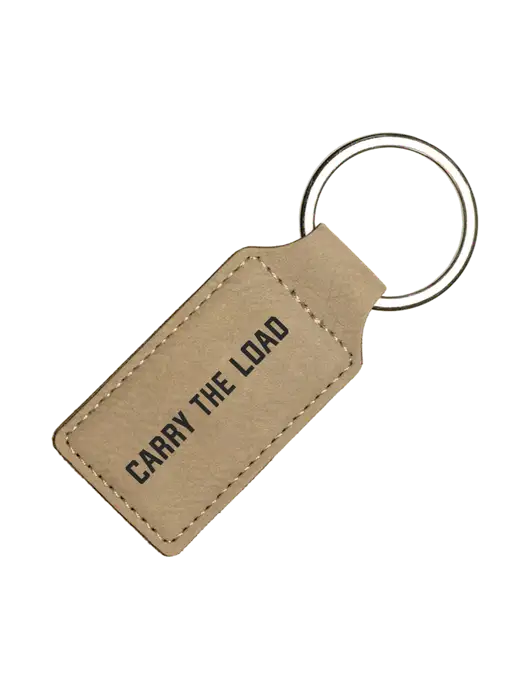 Tan Laserable Leatherette Rectangle Keychain w/Carry The Load Logo