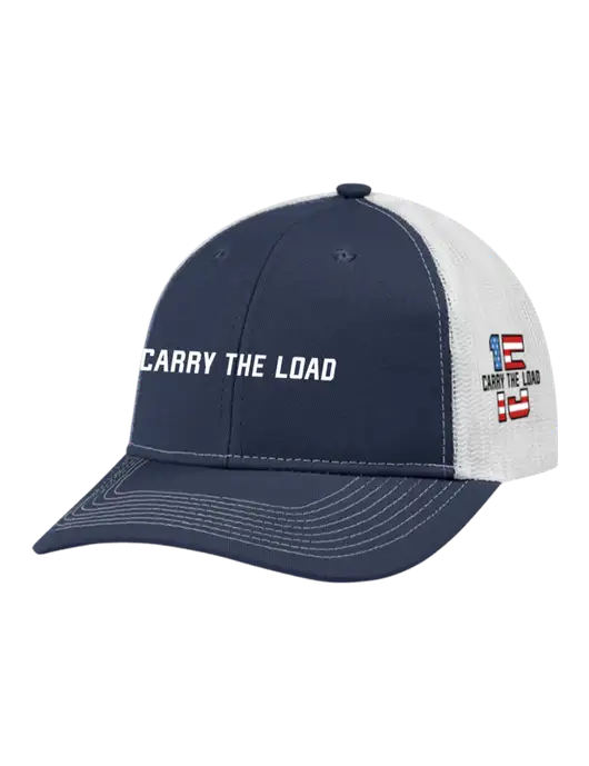 Snapback Ponytail Trucker Cap Navy w/White Mesh w/Carry The Load Logo, 15 Year Logo