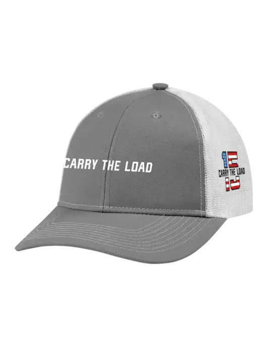 Snapback Ponytail Trucker Cap Light Medium Heather Grey w/White Mesh w/Carry The Load Logo, 15 Year Logo