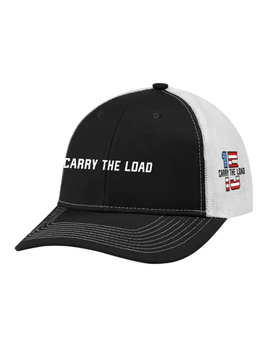 Snapback Ponytail Trucker Cap Black w/White Mesh w/Carry The Load Logo, 15 Year Logo
