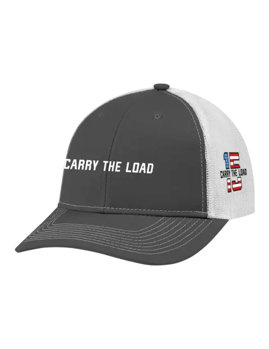 Snapback Ponytail Trucker Cap Dark Grey w/White Mesh w/Carry The Load Logo, 15 Year Logo