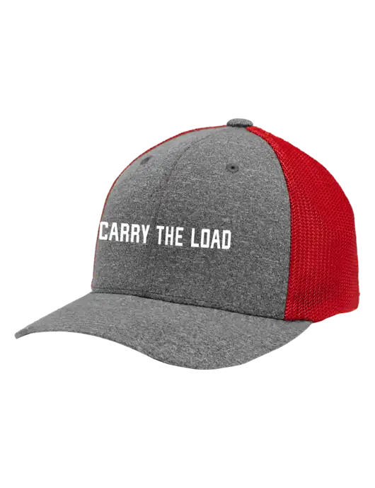 Flexfit Red/Medium Grey Heather Melange Mesh Back Trucker Cap w/Carry The Load Logo