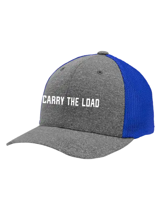Flexfit Royal/Medium Grey Heather Melange Mesh Back Trucker Cap w/Carry The Load Logo