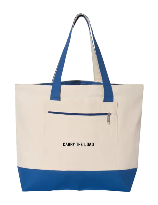 Natural/Royal Zippered Tote  w/Carry The Load Logo