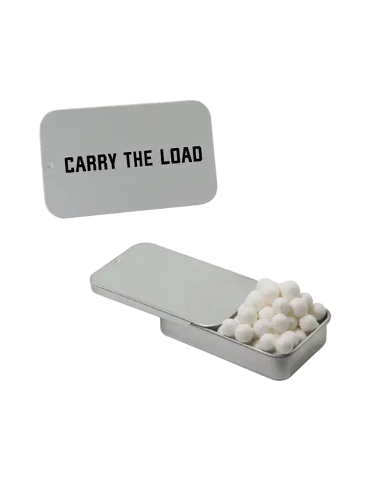Signature Peppermints In Silver Slider Tin w/Carry The Load Logo