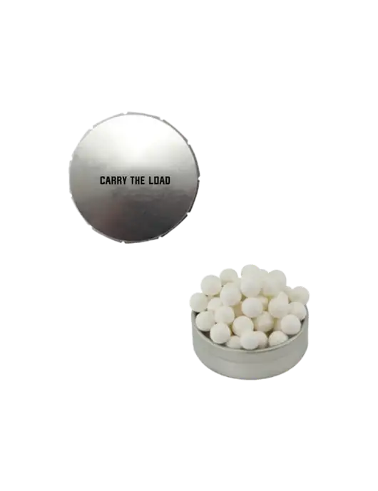 Signature Peppermints In Silver Snap Top Tin  w/Carry The Load Logo