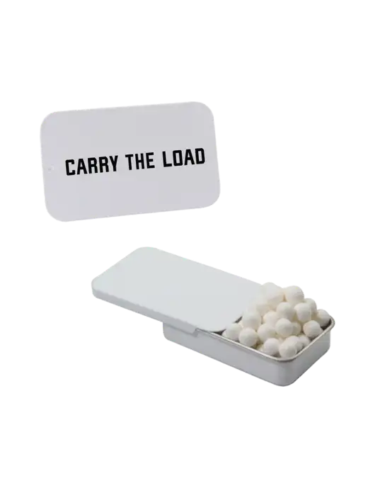 Signature Peppermints In White Slider Tin w/Carry The Load Logo