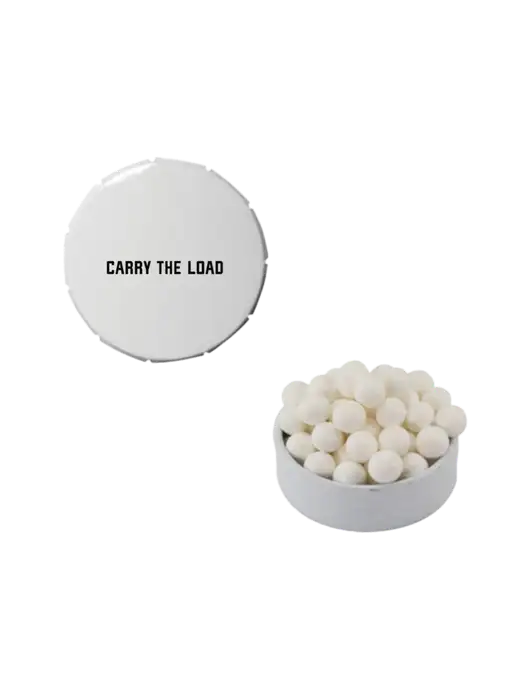 Signature Peppermints In White Snap Top Tin  w/Carry The Load Logo