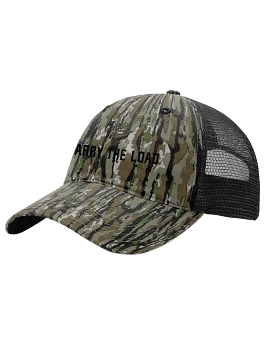 Richardson 111P Garment Washed Printed Hunter Camo/Black Trucker Cap w/Carry The Load Logo
