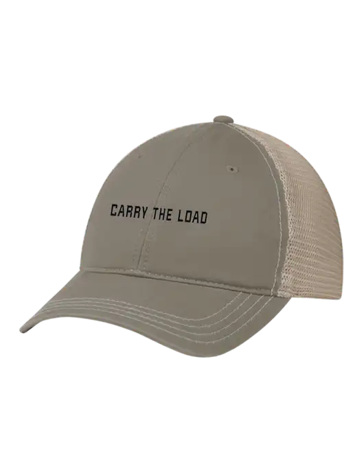 Richardson 111 Garment Washed Trucker Cap Medium Taupe w/Tan Mesh w/3D Carry The Load Logo