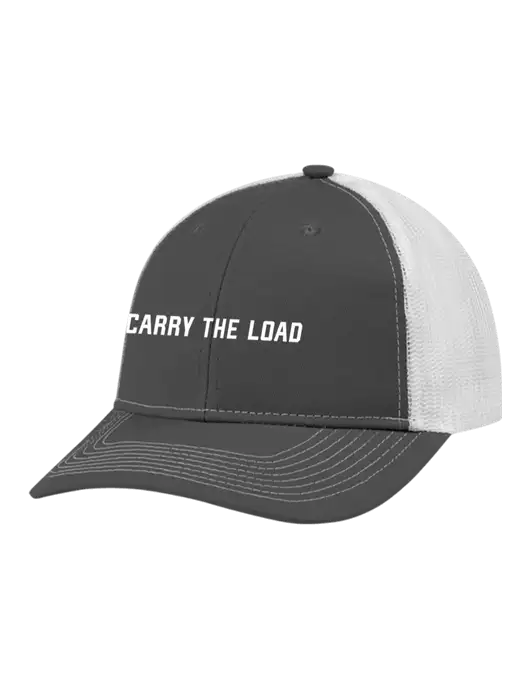 Snapback Ponytail Trucker Cap Dark Grey w/White Mesh w/Carry The Load Puff Logo