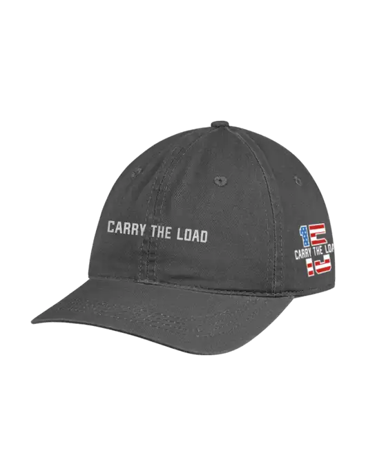 Garment Washed Unstructured Twill Charcoal Cap w/Reflective Carry The Load Logo, 15 Year Logo